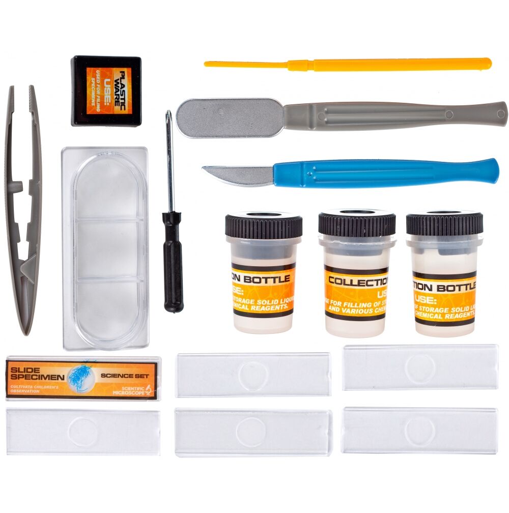 Microscop Multifunctional Stiintific pentru copii idealSTORE, Dimensiuni 16 x 10 x 22,5 cm Include 3 lentile de marire, Numeroase Accesorii, Lampa LED pentru Iluminat, Inaltime Reglabila, Valiza pentru transport