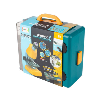 Microscop Multifunctional Stiintific pentru copii idealSTORE, Dimensiuni 16 x 10 x 22,5 cm Include 3 lentile de marire, Numeroase Accesorii, Lampa LED pentru Iluminat, Inaltime Reglabila, Valiza pentru transport