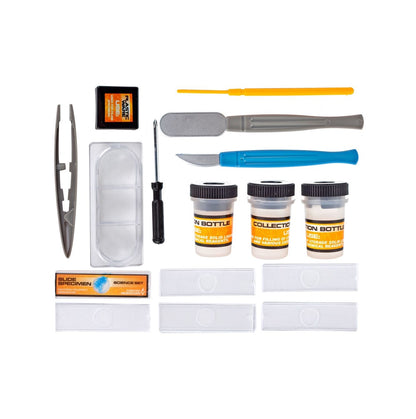 Microscop Multifunctional Stiintific pentru copii idealSTORE, Dimensiuni 16 x 10 x 22,5 cm Include 3 lentile de marire, Numeroase Accesorii, Lampa LED pentru Iluminat, Inaltime Reglabila, Valiza pentru transport