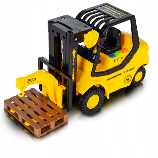 Stivuitor Yellow ForkLift idealStore, Jucarie Realista 1:16, Efecte Sonore si Luminoase, Roti de Cauciuc, Manivela, Actiune de Frecare, Palet Inclus