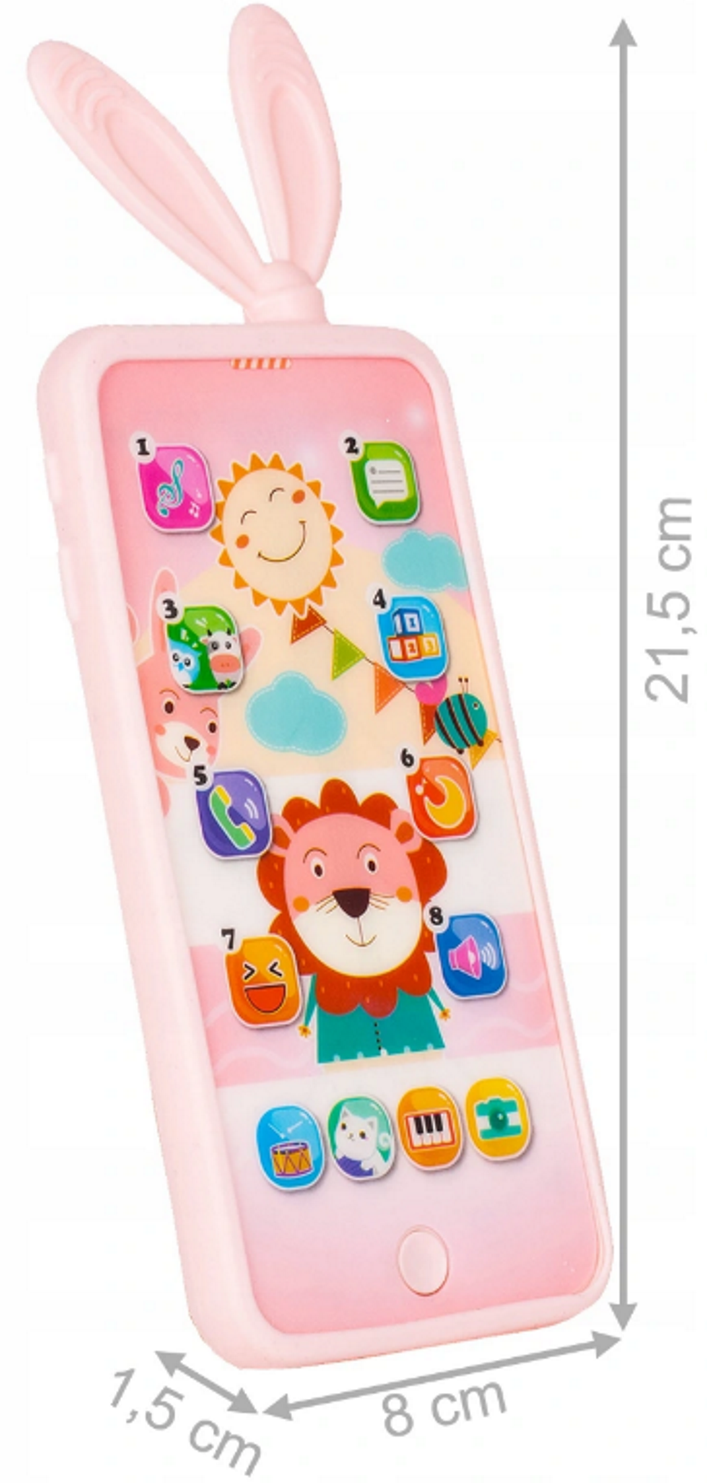 Telefon Smartphone interactiv Animal Song idealSTORE, Dimensiuni 21 x 8 cm, 13 Functi diferite, Sunete,10 Melodii, Efect de lumina, Incarcare USB, Buton pornire/oprire, Husa Silicon inclusa