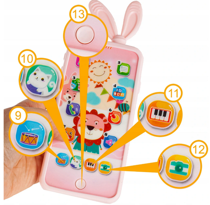 Telefon Smartphone interactiv Animal Song idealSTORE, Dimensiuni 21 x 8 cm, 13 Functi diferite, Sunete,10 Melodii, Efect de lumina, Incarcare USB, Buton pornire/oprire, Husa Silicon inclusa