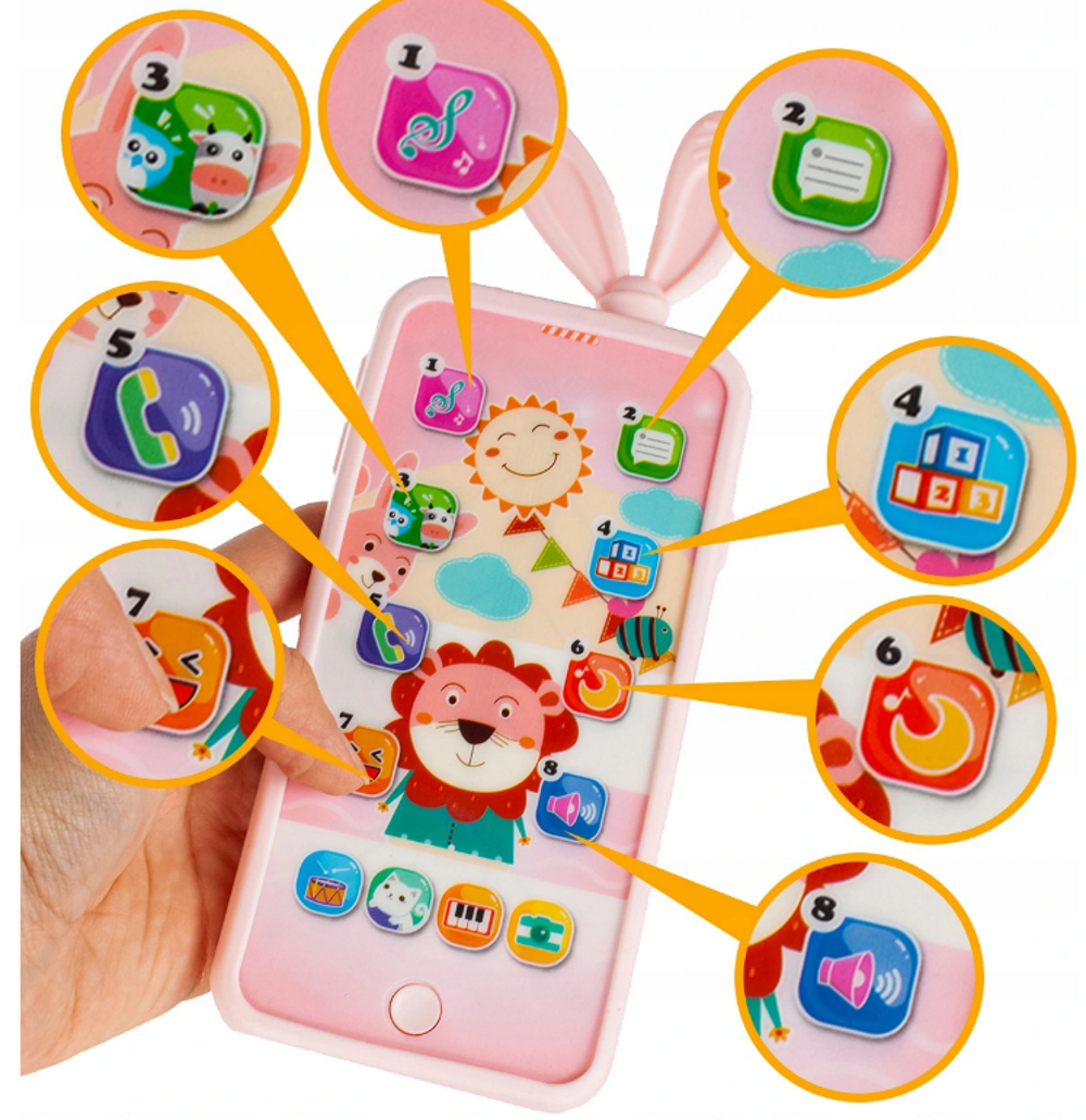 Telefon Smartphone interactiv Animal Song idealSTORE, Dimensiuni 21 x 8 cm, 13 Functi diferite, Sunete,10 Melodii, Efect de lumina, Incarcare USB, Buton pornire/oprire, Husa Silicon inclusa
