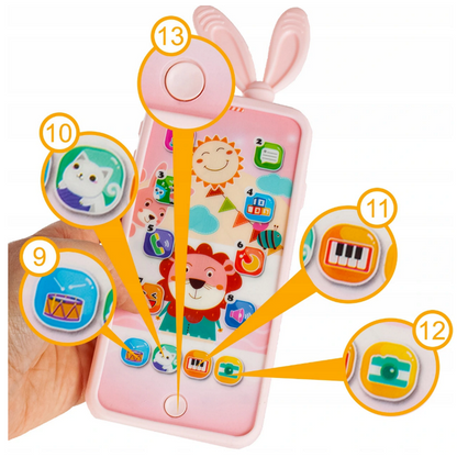Telefon Smartphone interactiv Animal Song idealSTORE, Dimensiuni 21 x 8 cm, 13 Functi diferite, Sunete,10 Melodii, Efect de lumina, Incarcare USB, Buton pornire/oprire, Husa Silicon inclusa