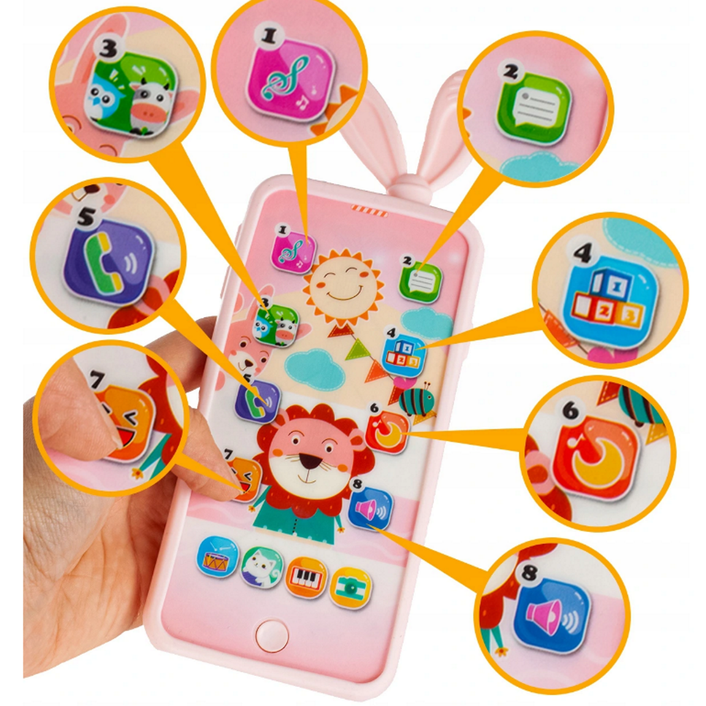 Telefon Smartphone interactiv Animal Song idealSTORE, Dimensiuni 21 x 8 cm, 13 Functi diferite, Sunete,10 Melodii, Efect de lumina, Incarcare USB, Buton pornire/oprire, Husa Silicon inclusa