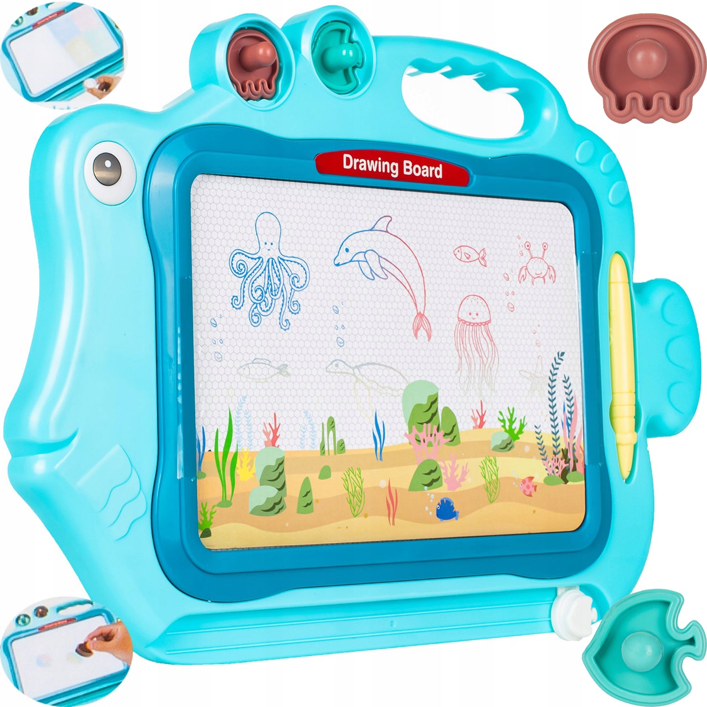 Tablita Magnetica Funny Fish idealStore, 4 Campuri Colorate, 2 Stampile, Pix, Dimensiuni 49.5 x 29.5 x 3.5 cm, Suprafata Desen 24 x 16 cm, Dezvolta Imaginatia si Creativitatea, Incurajeaza Exersarea Scrisului, Albastra