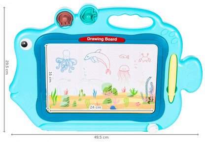 Tablita Magnetica Funny Fish idealStore, 4 Campuri Colorate, 2 Stampile, Pix, Dimensiuni 49.5 x 29.5 x 3.5 cm, Suprafata Desen 24 x 16 cm, Dezvolta Imaginatia si Creativitatea, Incurajeaza Exersarea Scrisului, Albastra