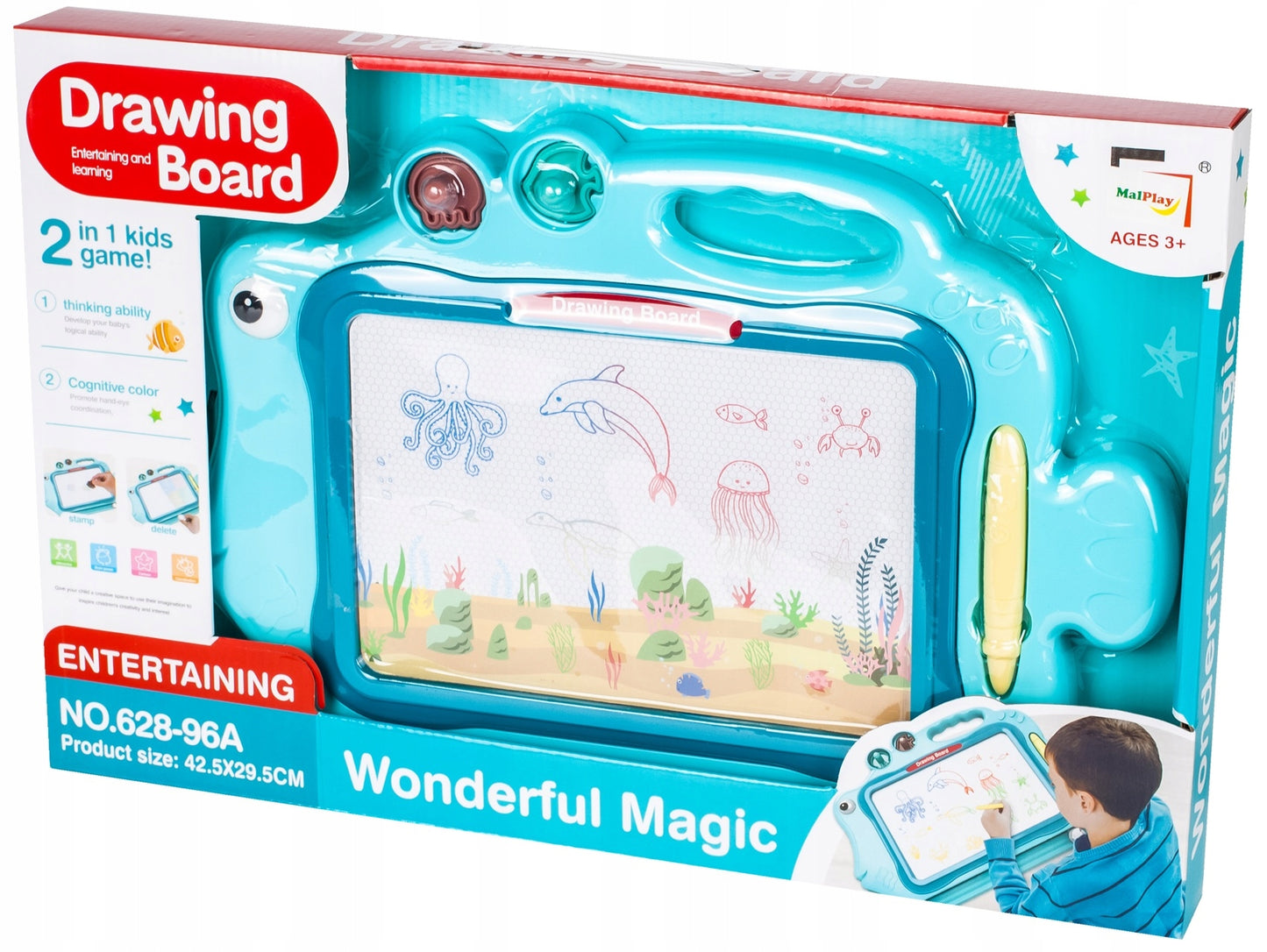 Tablita Magnetica Funny Fish idealStore, 4 Campuri Colorate, 2 Stampile, Pix, Dimensiuni 49.5 x 29.5 x 3.5 cm, Suprafata Desen 24 x 16 cm, Dezvolta Imaginatia si Creativitatea, Incurajeaza Exersarea Scrisului, Albastra