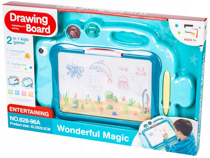 Tablita Magnetica Funny Fish idealStore, 4 Campuri Colorate, 2 Stampile, Pix, Dimensiuni 49.5 x 29.5 x 3.5 cm, Suprafata Desen 24 x 16 cm, Dezvolta Imaginatia si Creativitatea, Incurajeaza Exersarea Scrisului, Albastra