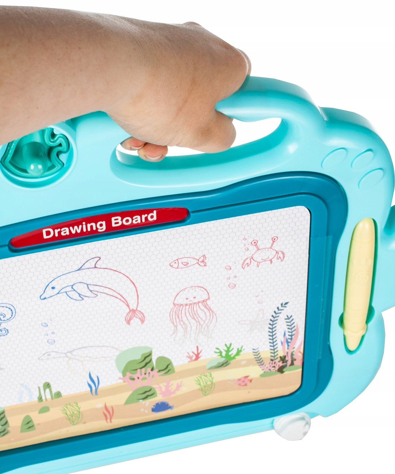 Tablita Magnetica Funny Fish idealStore, 4 Campuri Colorate, 2 Stampile, Pix, Dimensiuni 49.5 x 29.5 x 3.5 cm, Suprafata Desen 24 x 16 cm, Dezvolta Imaginatia si Creativitatea, Incurajeaza Exersarea Scrisului, Albastra