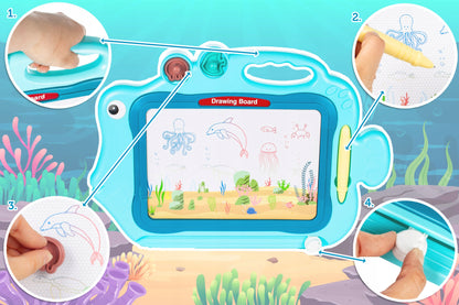 Tablita Magnetica Funny Fish idealStore, 4 Campuri Colorate, 2 Stampile, Pix, Dimensiuni 49.5 x 29.5 x 3.5 cm, Suprafata Desen 24 x 16 cm, Dezvolta Imaginatia si Creativitatea, Incurajeaza Exersarea Scrisului, Albastra