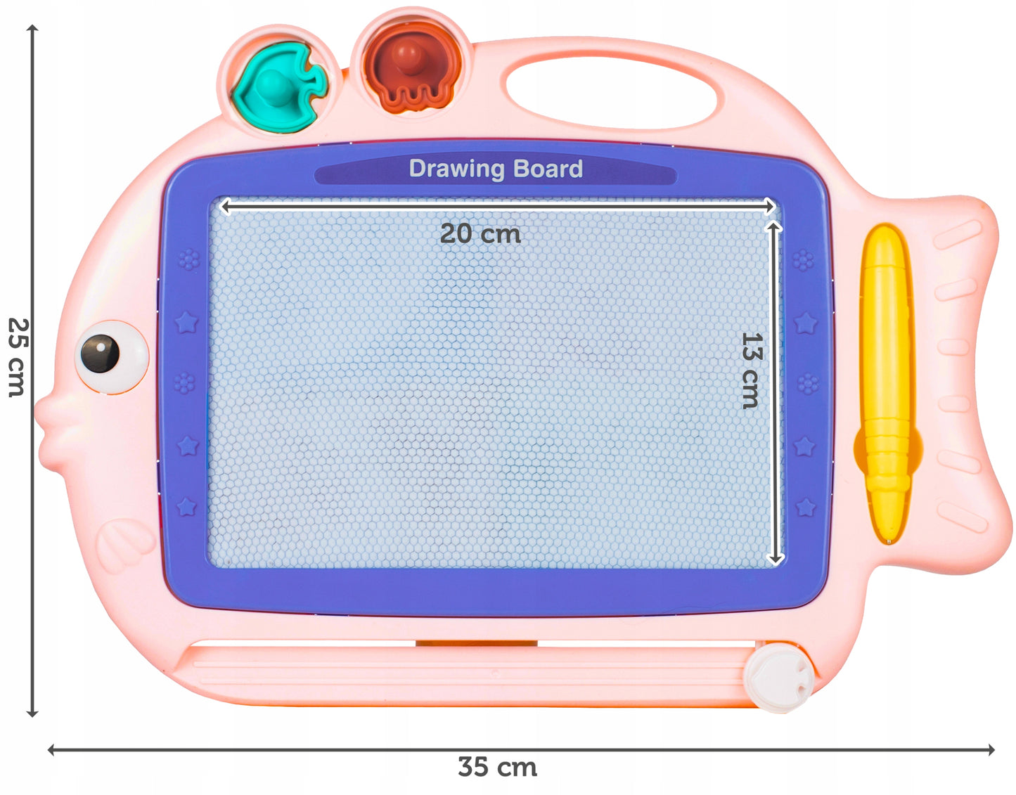 Tablita Magnetica Funny Fish idealStore, 4 Campuri Colorate, 2 Stampile, Pix, Dimensiuni 35 x 25 x 3.5 cm, Suprafata Desen 20 x 13 cm, Dezvolta Imaginatia si Creativitatea, Incurajeaza Exersarea Scrisului, Roz