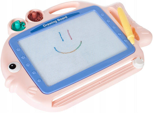 Tablita Magnetica Funny Fish idealStore, 4 Campuri Colorate, 2 Stampile, Pix, Dimensiuni 35 x 25 x 3.5 cm, Suprafata Desen 20 x 13 cm, Dezvolta Imaginatia si Creativitatea, Incurajeaza Exersarea Scrisului, Roz