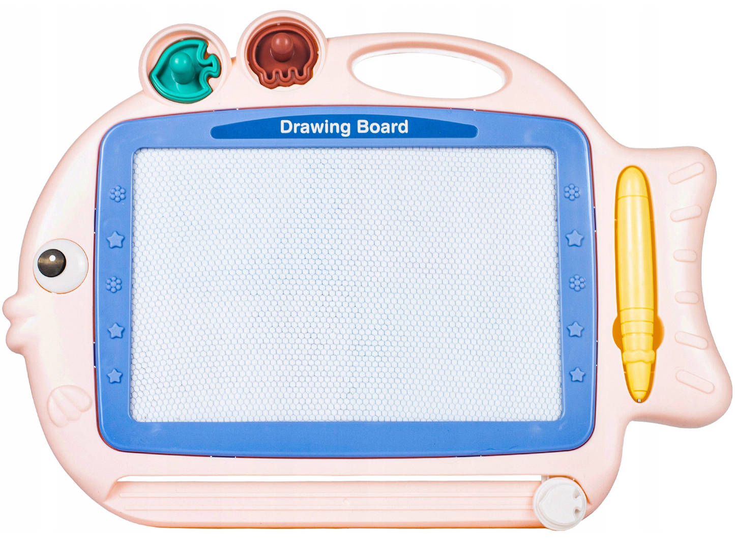 Tablita Magnetica Funny Fish idealStore, 4 Campuri Colorate, 2 Stampile, Pix, Dimensiuni 35 x 25 x 3.5 cm, Suprafata Desen 20 x 13 cm, Dezvolta Imaginatia si Creativitatea, Incurajeaza Exersarea Scrisului, Roz