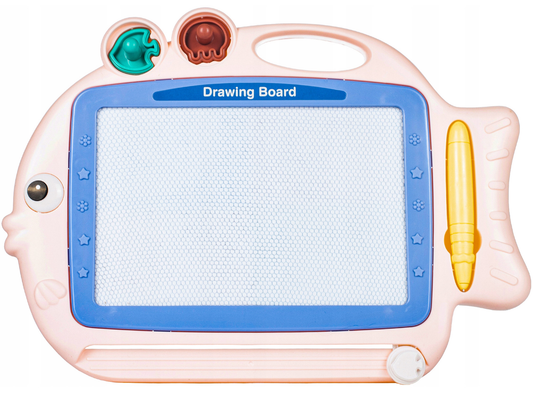 Tablita Magnetica Funny Fish idealStore, 4 Campuri Colorate, 2 Stampile, Pix, Dimensiuni 35 x 25 x 3.5 cm, Suprafata Desen 20 x 13 cm, Dezvolta Imaginatia si Creativitatea, Incurajeaza Exersarea Scrisului, Roz