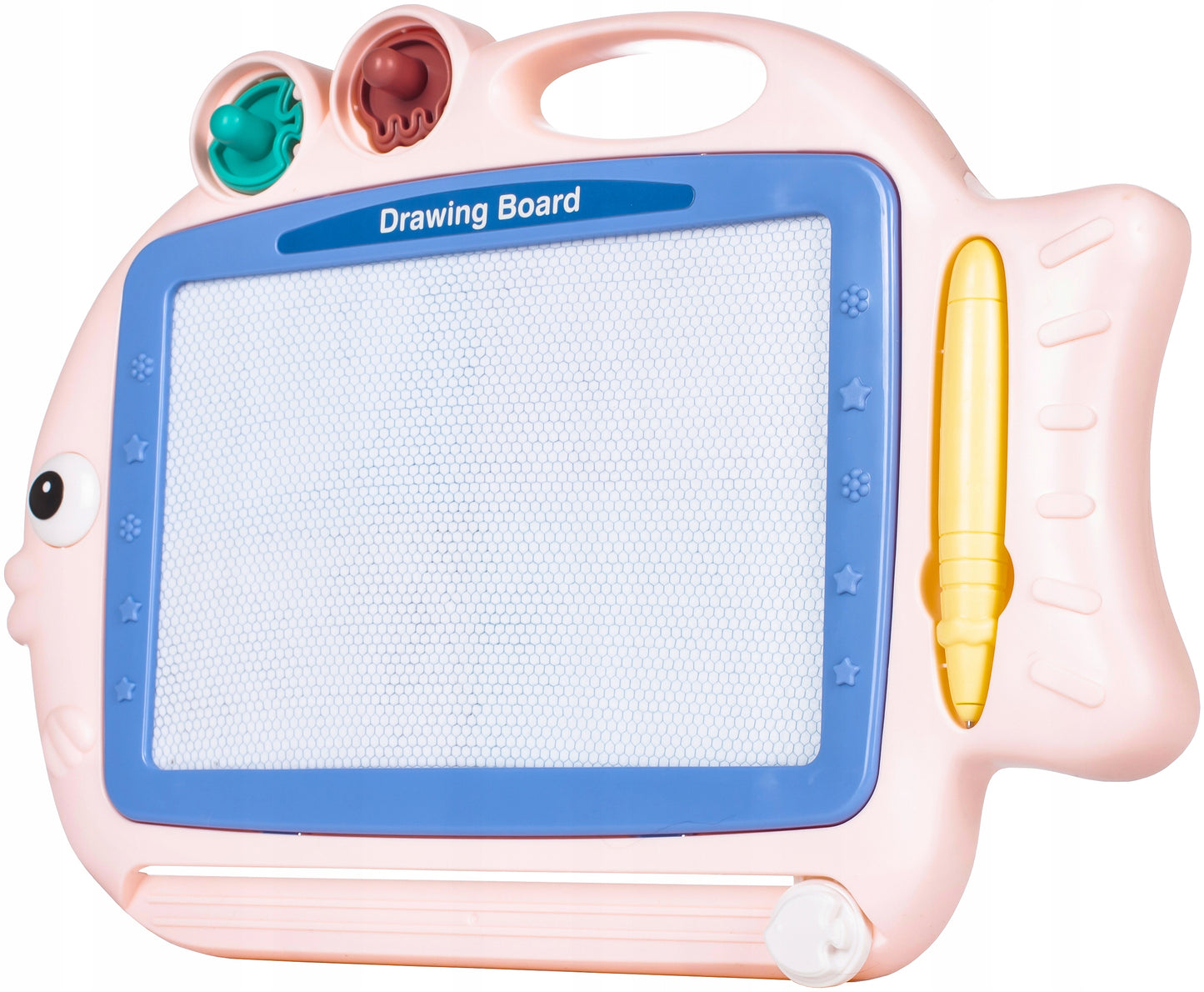 Tablita Magnetica Funny Fish idealStore, 4 Campuri Colorate, 2 Stampile, Pix, Dimensiuni 35 x 25 x 3.5 cm, Suprafata Desen 20 x 13 cm, Dezvolta Imaginatia si Creativitatea, Incurajeaza Exersarea Scrisului, Roz