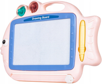 Tablita Magnetica Funny Fish idealStore, 4 Campuri Colorate, 2 Stampile, Pix, Dimensiuni 35 x 25 x 3.5 cm, Suprafata Desen 20 x 13 cm, Dezvolta Imaginatia si Creativitatea, Incurajeaza Exersarea Scrisului, Roz