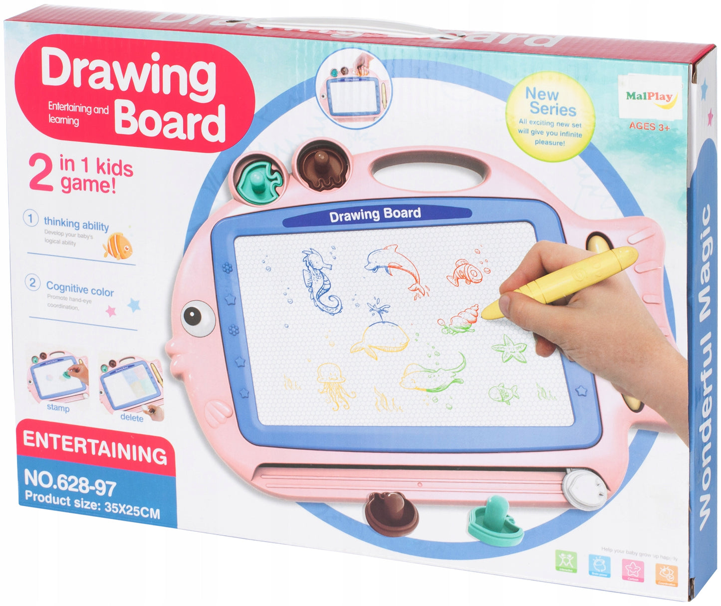 Tablita Magnetica Funny Fish idealStore, 4 Campuri Colorate, 2 Stampile, Pix, Dimensiuni 35 x 25 x 3.5 cm, Suprafata Desen 20 x 13 cm, Dezvolta Imaginatia si Creativitatea, Incurajeaza Exersarea Scrisului, Roz