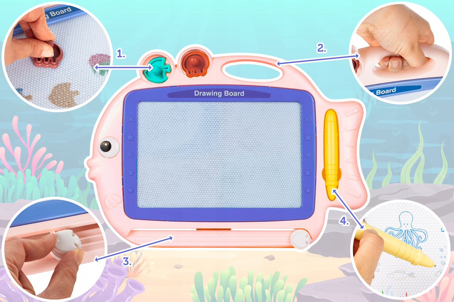 Tablita Magnetica Funny Fish idealStore, 4 Campuri Colorate, 2 Stampile, Pix, Dimensiuni 35 x 25 x 3.5 cm, Suprafata Desen 20 x 13 cm, Dezvolta Imaginatia si Creativitatea, Incurajeaza Exersarea Scrisului, Roz