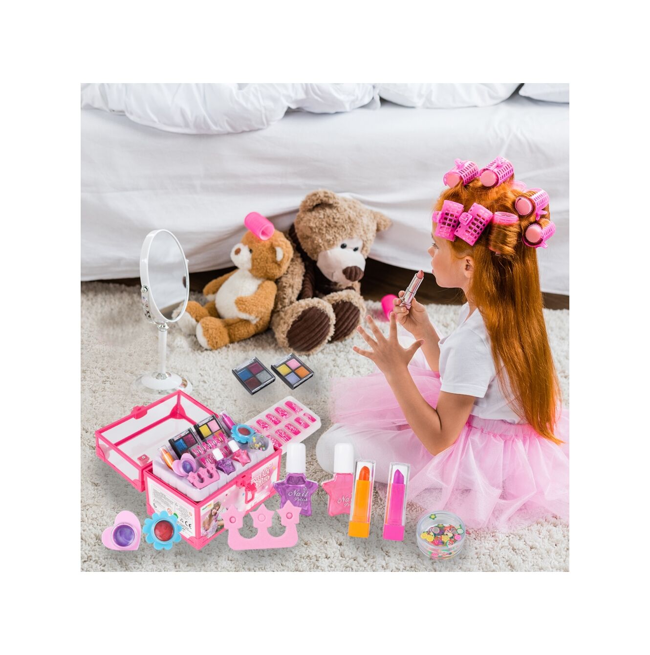 Trusa de Machiaj Shining Princess idealSTORE, Include numeroase accesorii cosmetice de diferite culori Cutie cu maner pentru depozitare, Dezvolta imaginatia copilului