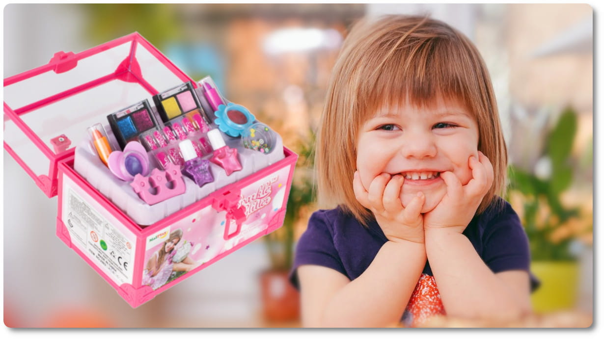 Trusa de Machiaj Shining Princess idealSTORE, Include numeroase accesorii cosmetice de diferite culori Cutie cu maner pentru depozitare, Dezvolta imaginatia copilului