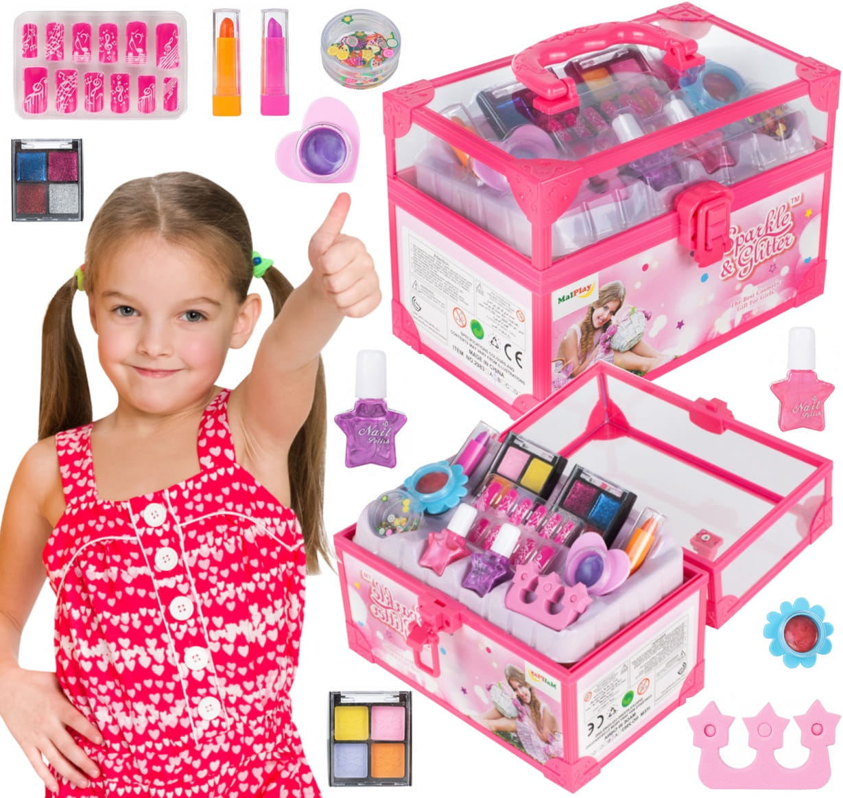 Trusa de Machiaj Shining Princess idealSTORE, Include numeroase accesorii cosmetice de diferite culori Cutie cu maner pentru depozitare, Dezvolta imaginatia copilului