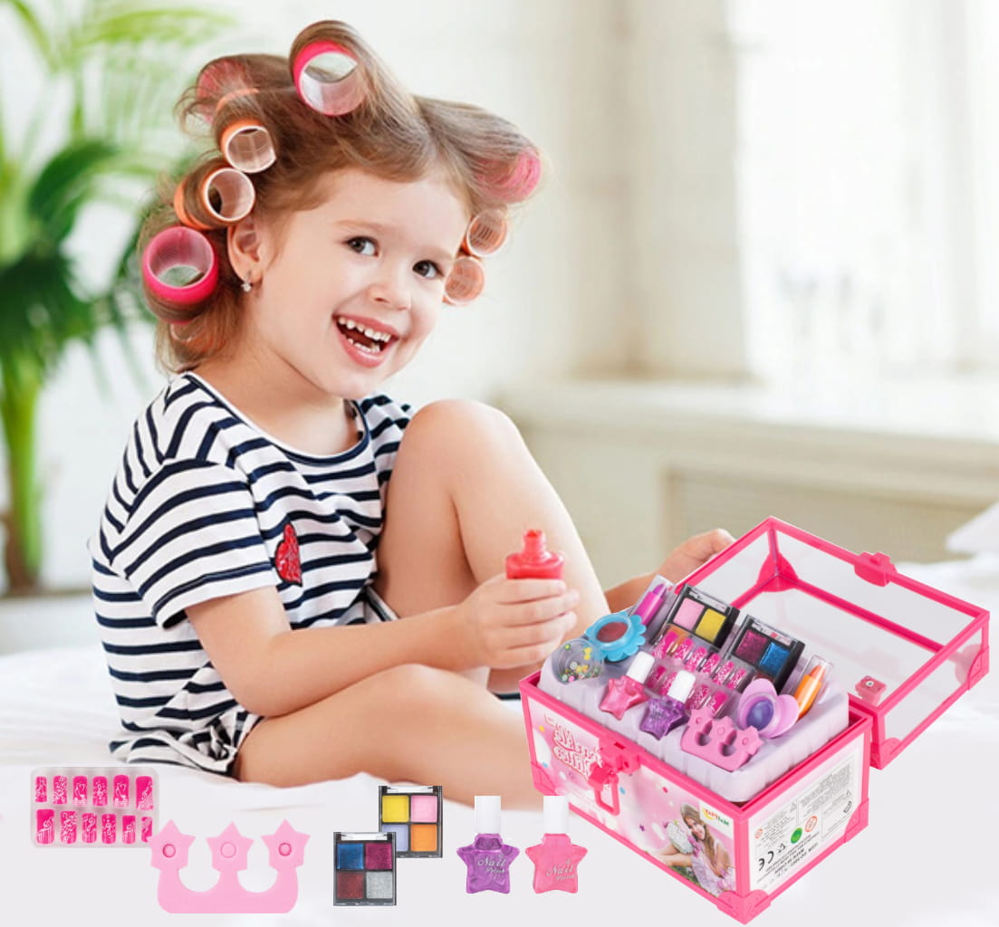 Trusa de Machiaj Shining Princess idealSTORE, Include numeroase accesorii cosmetice de diferite culori Cutie cu maner pentru depozitare, Dezvolta imaginatia copilului