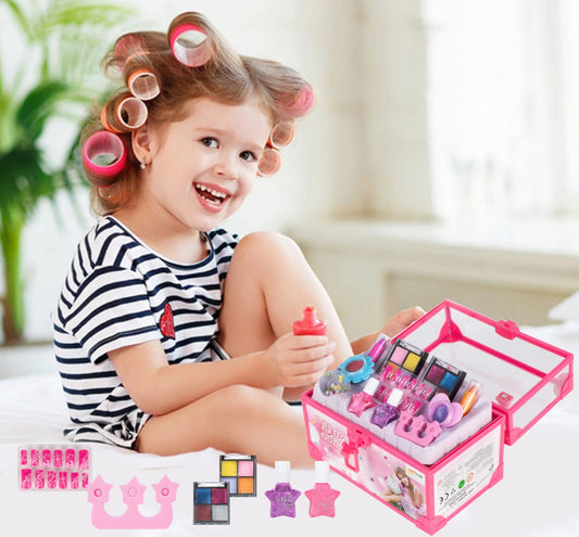 Trusa de Machiaj Shining Princess idealSTORE, Include numeroase accesorii cosmetice de diferite culori Cutie cu maner pentru depozitare, Dezvolta imaginatia copilului