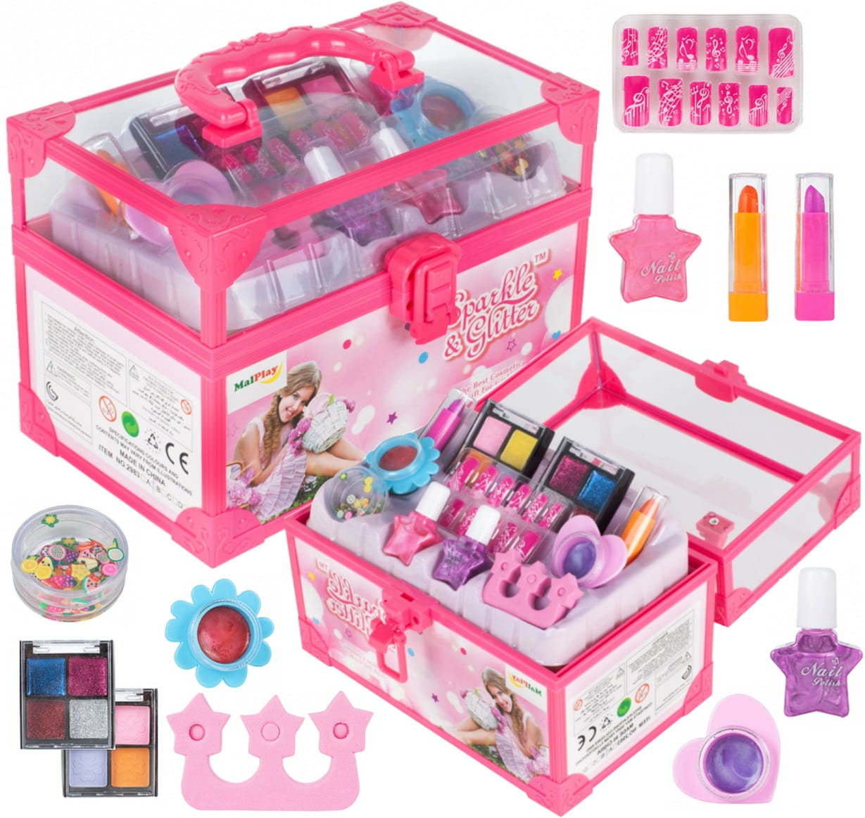 Trusa de Machiaj Shining Princess idealSTORE, Include numeroase accesorii cosmetice de diferite culori Cutie cu maner pentru depozitare, Dezvolta imaginatia copilului