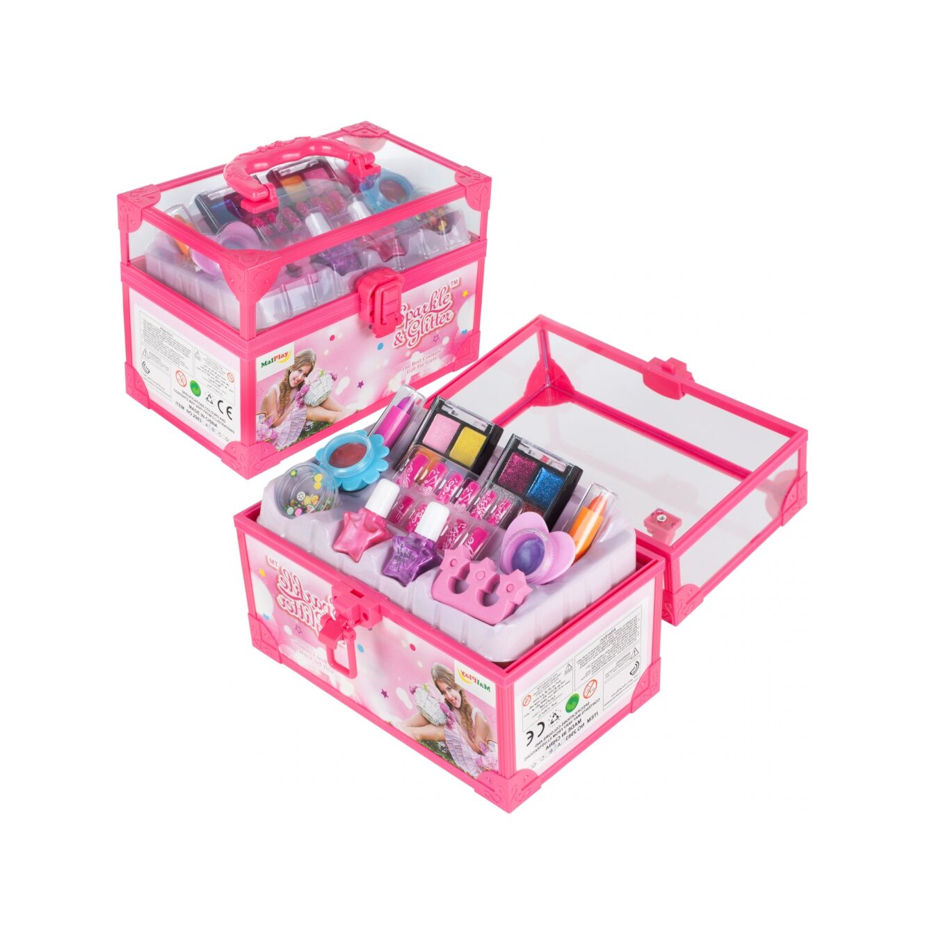 Trusa de Machiaj Shining Princess idealSTORE, Include numeroase accesorii cosmetice de diferite culori Cutie cu maner pentru depozitare, Dezvolta imaginatia copilului