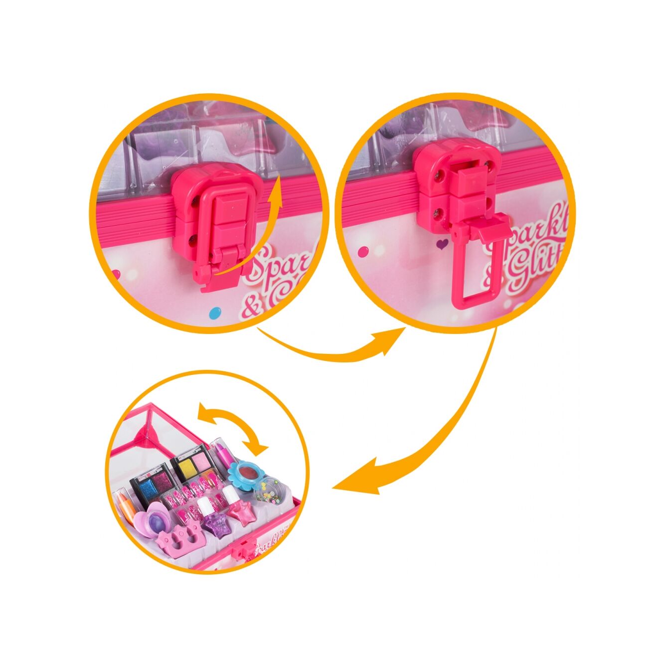 Trusa de Machiaj Shining Princess idealSTORE, Include numeroase accesorii cosmetice de diferite culori Cutie cu maner pentru depozitare, Dezvolta imaginatia copilului