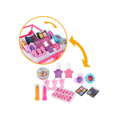 Trusa de Machiaj Shining Princess idealSTORE, Include numeroase accesorii cosmetice de diferite culori Cutie cu maner pentru depozitare, Dezvolta imaginatia copilului