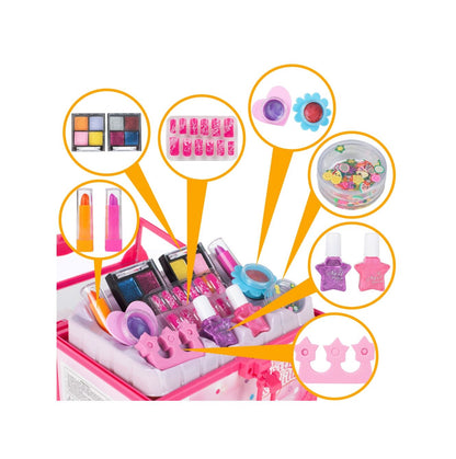 Trusa de Machiaj Shining Princess idealSTORE, Include numeroase accesorii cosmetice de diferite culori Cutie cu maner pentru depozitare, Dezvolta imaginatia copilului