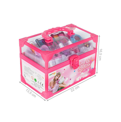 Trusa de Machiaj Shining Princess idealSTORE, Include numeroase accesorii cosmetice de diferite culori Cutie cu maner pentru depozitare, Dezvolta imaginatia copilului
