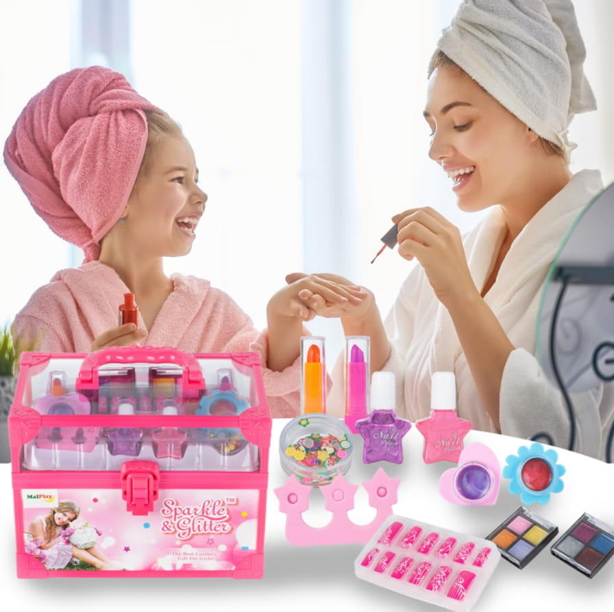 Trusa de Machiaj Shining Princess idealSTORE, Include numeroase accesorii cosmetice de diferite culori Cutie cu maner pentru depozitare, Dezvolta imaginatia copilului