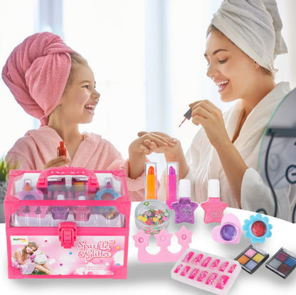 Trusa de Machiaj Shining Princess idealSTORE, Include numeroase accesorii cosmetice de diferite culori Cutie cu maner pentru depozitare, Dezvolta imaginatia copilului
