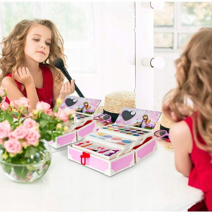 Trusa make-up pentru copii Glow Girs IdealStore, Dimensiune 25 X 14 X 12, Trei niveluri cu 18 farduri, 2 lacuri de unghii, Rujuri, Oglinda, Buretel, Pink