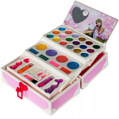 Trusa make-up pentru copii Glow Girs IdealStore, Dimensiune 25 X 14 X 12, Trei niveluri cu 18 farduri, 2 lacuri de unghii, Rujuri, Oglinda, Buretel, Pink