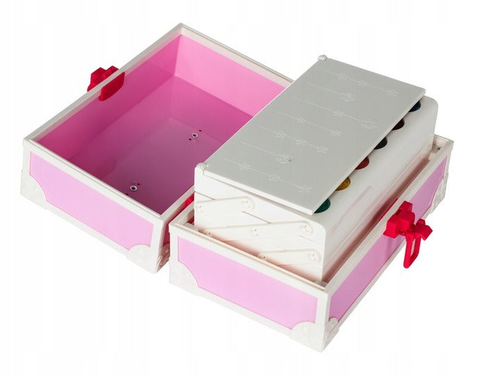 Trusa make-up pentru copii Glow Girs IdealStore, Dimensiune 25 X 14 X 12, Trei niveluri cu 18 farduri, 2 lacuri de unghii, Rujuri, Oglinda, Buretel, Pink