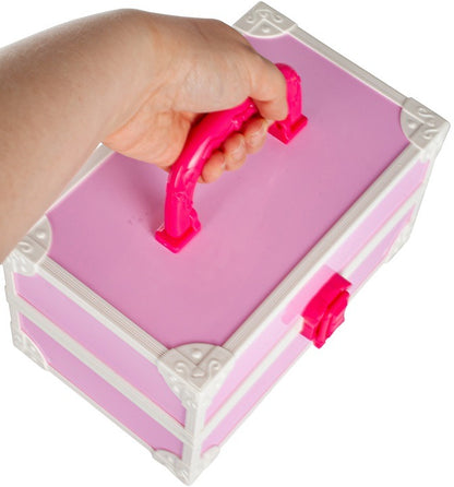 Trusa make-up pentru copii Glow Girs IdealStore, Dimensiune 25 X 14 X 12, Trei niveluri cu 18 farduri, 2 lacuri de unghii, Rujuri, Oglinda, Buretel, Pink