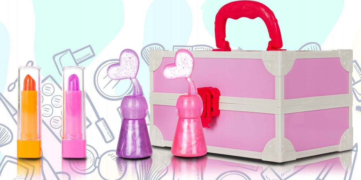 Trusa make-up pentru copii Glow Girs IdealStore, Dimensiune 25 X 14 X 12, Trei niveluri cu 18 farduri, 2 lacuri de unghii, Rujuri, Oglinda, Buretel, Pink