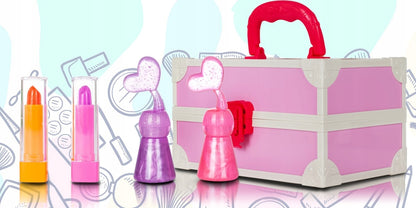 Trusa make-up pentru copii Glow Girs IdealStore, Dimensiune 25 X 14 X 12, Trei niveluri cu 18 farduri, 2 lacuri de unghii, Rujuri, Oglinda, Buretel, Pink