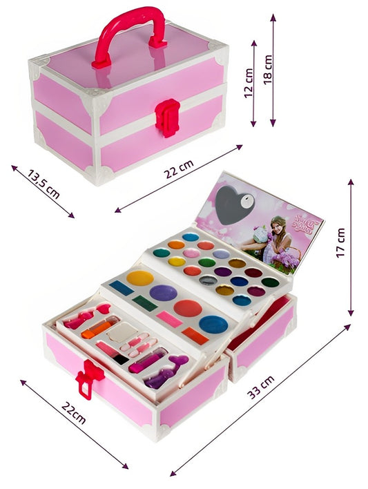 Trusa make-up pentru copii Glow Girs IdealStore, Dimensiune 25 X 14 X 12, Trei niveluri cu 18 farduri, 2 lacuri de unghii, Rujuri, Oglinda, Buretel, Pink