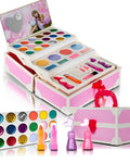 Trusa make-up pentru copii Glow Girs IdealStore, Dimensiune 25 X 14 X 12, Trei niveluri cu 18 farduri, 2 lacuri de unghii, Rujuri, Oglinda, Buretel, Pink