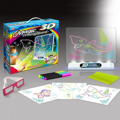 Tablita de Desenat pentru copii 3D iluminata Happy Drawn IdealStore, Dimensiune 25 X 19 cm, Contine Tablita transparenta, Suport iluminat, Markere, Ochelari 3D, Sabloane pentru desenat