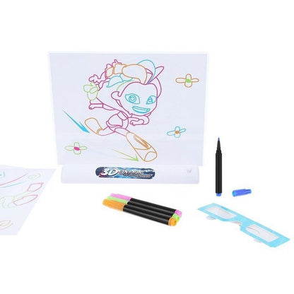 Tablita de Desenat pentru copii 3D iluminata Happy Drawn IdealStore, Dimensiune 25 X 19 cm, Contine Tablita transparenta, Suport iluminat, Markere, Ochelari 3D, Sabloane pentru desenat