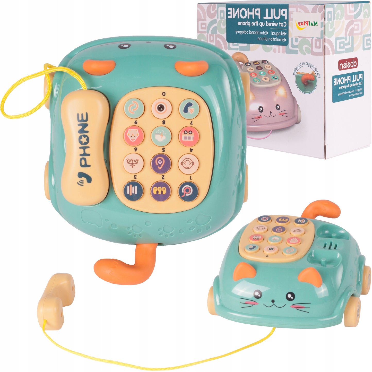 Telefon Interactiv Stil Pisicuta Happy Cat idealStore, Dimensiuni 12.5 x 14 x 6.5 cm, Cantece de Leagan, Diverse Melodii si Sunete Interactive, Urechi Stralucitoare, Culori Vii Atragatoare