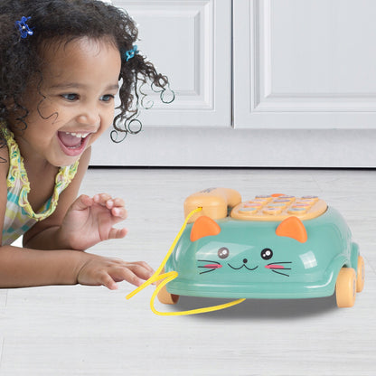 Telefon Interactiv Stil Pisicuta Happy Cat idealStore, Dimensiuni 12.5 x 14 x 6.5 cm, Cantece de Leagan, Diverse Melodii si Sunete Interactive, Urechi Stralucitoare, Culori Vii Atragatoare