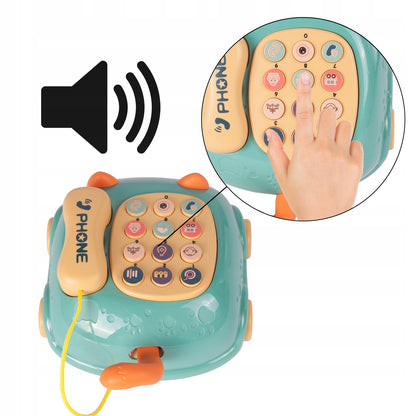 Telefon Interactiv Stil Pisicuta Happy Cat idealStore, Dimensiuni 12.5 x 14 x 6.5 cm, Cantece de Leagan, Diverse Melodii si Sunete Interactive, Urechi Stralucitoare, Culori Vii Atragatoare