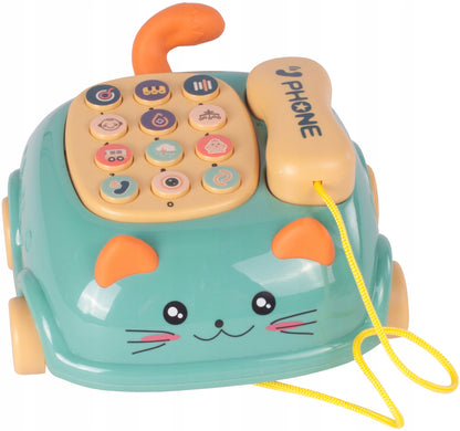 Telefon Interactiv Stil Pisicuta Happy Cat idealStore, Dimensiuni 12.5 x 14 x 6.5 cm, Cantece de Leagan, Diverse Melodii si Sunete Interactive, Urechi Stralucitoare, Culori Vii Atragatoare